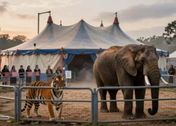 PETA Kritik Zirkus: Wenn Vorwürfe lauter sind als Fakten 15 Tiger und Elefant vor einem beleuchteten Zirkuszelt bei Dämmerung mit Protestierenden im Hintergrund, als visuelle Darstellung der PETA Kritik Zirkus