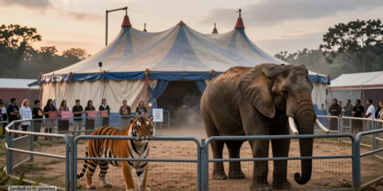 Tiger und Elefant vor einem beleuchteten Zirkuszelt bei Dämmerung mit Protestierenden im Hintergrund, als visuelle Darstellung der PETA Kritik Zirkus