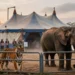 PETA Kritik Zirkus: Wenn Vorwürfe lauter sind als Fakten 7 Tiger und Elefant vor einem beleuchteten Zirkuszelt bei Dämmerung mit Protestierenden im Hintergrund, als visuelle Darstellung der PETA Kritik Zirkus