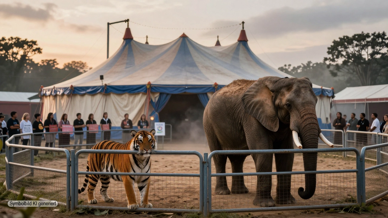 Tiger und Elefant vor einem beleuchteten Zirkuszelt bei Dämmerung mit Protestierenden im Hintergrund, als visuelle Darstellung der PETA Kritik Zirkus