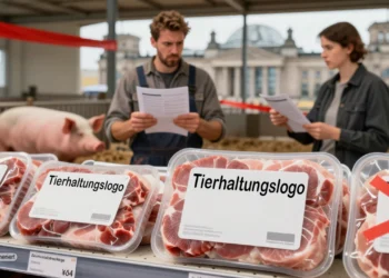 Supermarktregal mit verschiedenen Fleischverpackungen, daneben ein verunsicherter Verbraucher und ein Landwirt – das verschobene Tierhaltungslogo sorgt für Unklarheit.