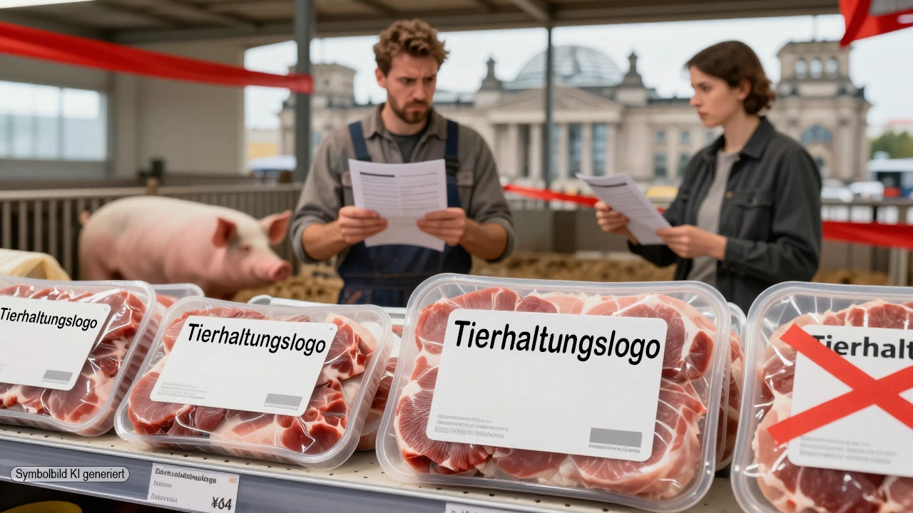 Supermarktregal mit verschiedenen Fleischverpackungen, daneben ein verunsicherter Verbraucher und ein Landwirt – das verschobene Tierhaltungslogo sorgt für Unklarheit.