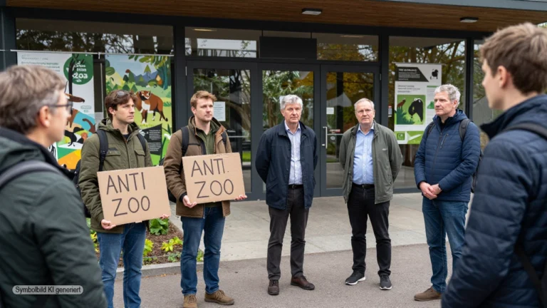 Fotorealistische Szene vor einem deutschen Zooeingang, in der Anti-Zoo-Aktivisten auf sachlich argumentierende Zoo-Experten treffen und sichtbar in Erklärungsnot geraten.