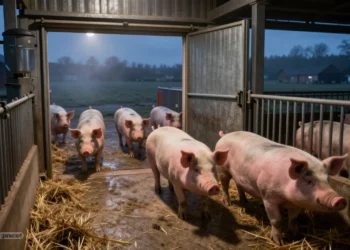 Schweinestall Einbruch Dänemark – Wenn Aktivismus eskaliert und Tierwohl zur Nebensache wird 14 Nachtszene in einem offenen Schweinestall mit verunsicherten Schweinen nahe der Tür als Sinnbild für den Schweinestall Einbruch Dänemark