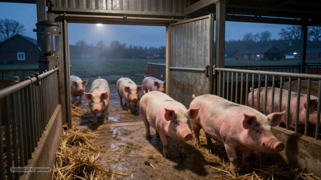 Schweinestall Einbruch Dänemark – Wenn Aktivismus eskaliert und Tierwohl zur Nebensache wird 1 Nachtszene in einem offenen Schweinestall mit verunsicherten Schweinen nahe der Tür als Sinnbild für den Schweinestall Einbruch Dänemark
