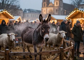Angespannte Esel und Schafe stehen in einer beleuchteten Weihnachtsmarktkrippe zwischen Menschenmengen und Kirche und verdeutlichen die lebende Krippen Kritik