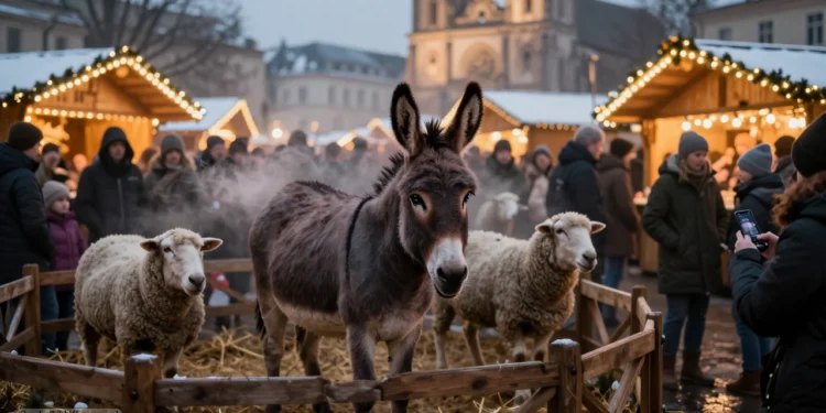 Lebende Krippen Kritik: Wenn der Glaube zur Bühne der Tierrechtsfarce wird 11 Angespannte Esel und Schafe stehen in einer beleuchteten Weihnachtsmarktkrippe zwischen Menschenmengen und Kirche und verdeutlichen die lebende Krippen Kritik