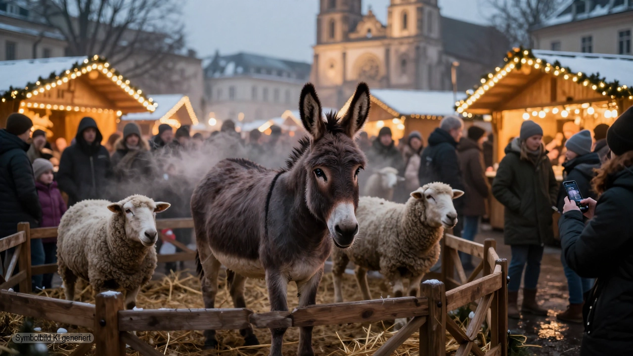 Angespannte Esel und Schafe stehen in einer beleuchteten Weihnachtsmarktkrippe zwischen Menschenmengen und Kirche und verdeutlichen die lebende Krippen Kritik