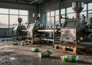 Beyond Meat Betrugsverdacht: Der vegane Absturz weitet sich aus 13 Verlassene moderne Lebensmittelproduktion mit stillstehenden Anlagen und weggeworfenen Verpackungen als Symbol für Beyond Meat Betrugsverdacht und den Niedergang des veganen Hypes