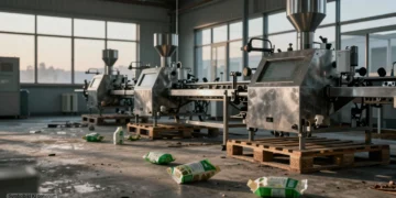 Verlassene moderne Lebensmittelproduktion mit stillstehenden Anlagen und weggeworfenen Verpackungen als Symbol für Beyond Meat Betrugsverdacht und den Niedergang des veganen Hypes