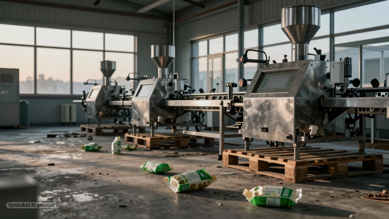 Verlassene moderne Lebensmittelproduktion mit stillstehenden Anlagen und weggeworfenen Verpackungen als Symbol für Beyond Meat Betrugsverdacht und den Niedergang des veganen Hypes