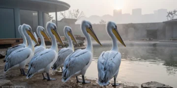 Pelikan-Gruppe in ruhiger Zooanlage am frühen Morgen mit leerem Platz am Teich als Symbol für Vogelgrippe Zoo Leipzig