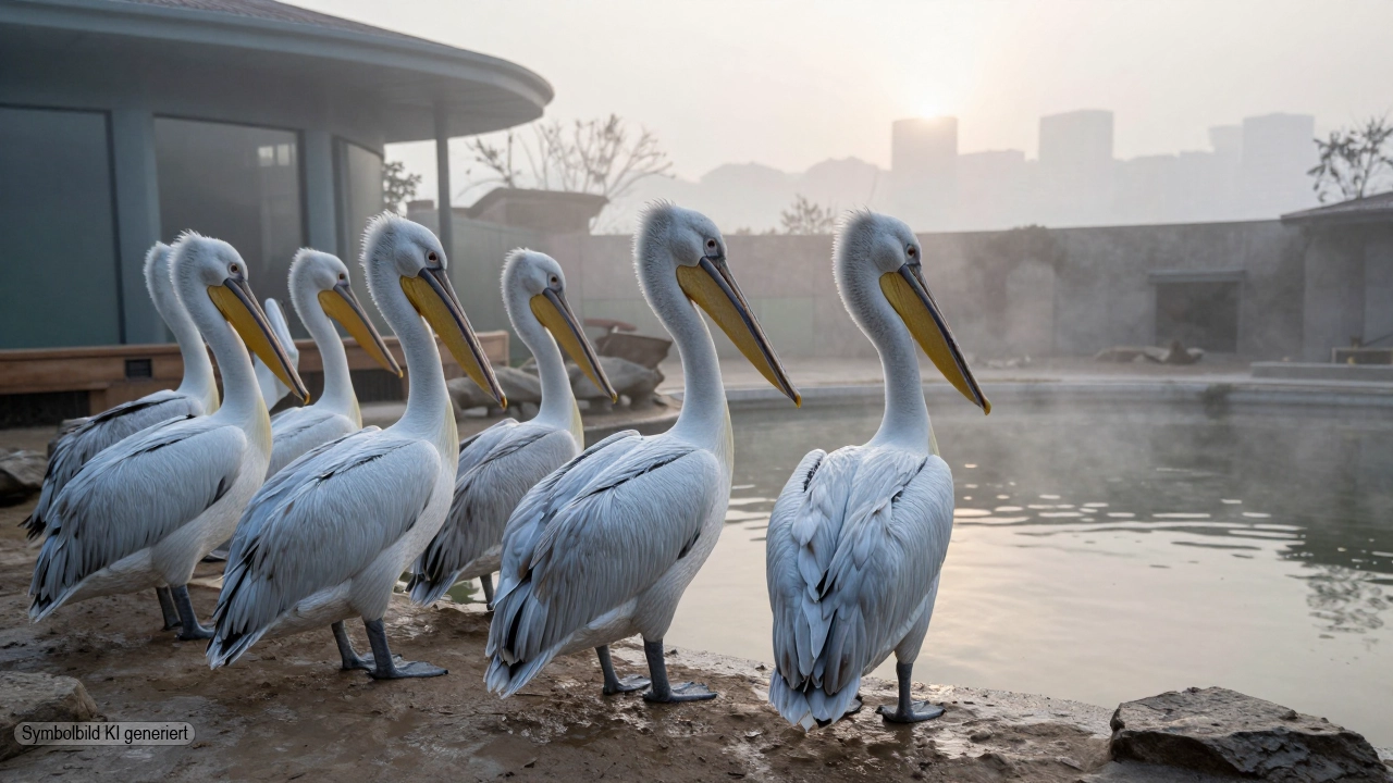 Pelikan-Gruppe in ruhiger Zooanlage am frühen Morgen mit leerem Platz am Teich als Symbol für Vogelgrippe Zoo Leipzig
