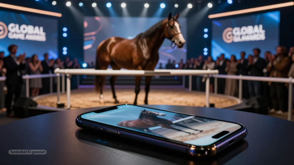 Dunkle Award-Bühne mit Spotlichtern, ein ruhiges Rennpferd im Halbdunkel und ein leuchtendes Smartphone mit verstörender Darstellung im Vordergrund symbolisieren das PETA Schockbild Umamusume