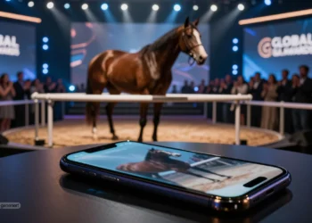 Dunkle Award-Bühne mit Spotlichtern, ein ruhiges Rennpferd im Halbdunkel und ein leuchtendes Smartphone mit verstörender Darstellung im Vordergrund symbolisieren das PETA Schockbild Umamusume