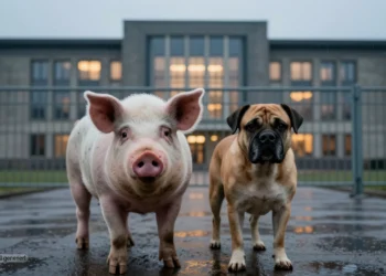 Qualzuchtverbot zwischen Anspruch und Wirklichkeit 36 Schwein und kurznasiger Hund stehen vor einem beleuchteten Regierungsgebäude hinter einem Zaun und symbolisieren die politische Debatte um das Qualzuchtverbot