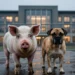 Qualzuchtverbot zwischen Anspruch und Wirklichkeit 6 Schwein und kurznasiger Hund stehen vor einem beleuchteten Regierungsgebäude hinter einem Zaun und symbolisieren die politische Debatte um das Qualzuchtverbot