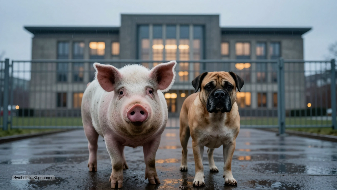 Qualzuchtverbot zwischen Anspruch und Wirklichkeit 1 Schwein und kurznasiger Hund stehen vor einem beleuchteten Regierungsgebäude hinter einem Zaun und symbolisieren die politische Debatte um das Qualzuchtverbot
