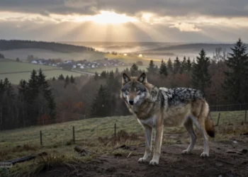 Ein einzelner Wolf steht am Rand eines zerschnittenen Wald- und Agrargebiets im Morgennebel und symbolisiert die politische Debatte um das Wolf Bundesjagdgesetz