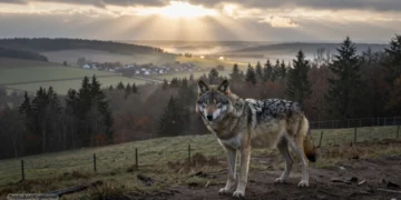 Ein einzelner Wolf steht am Rand eines zerschnittenen Wald- und Agrargebiets im Morgennebel und symbolisiert die politische Debatte um das Wolf Bundesjagdgesetz
