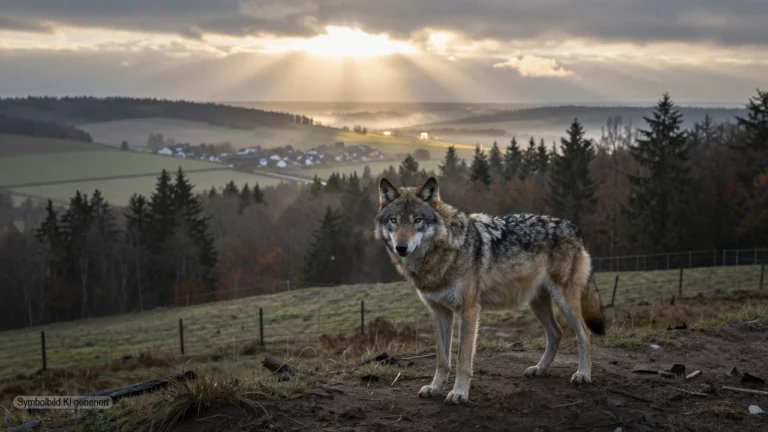 Ein einzelner Wolf steht am Rand eines zerschnittenen Wald- und Agrargebiets im Morgennebel und symbolisiert die politische Debatte um das Wolf Bundesjagdgesetz