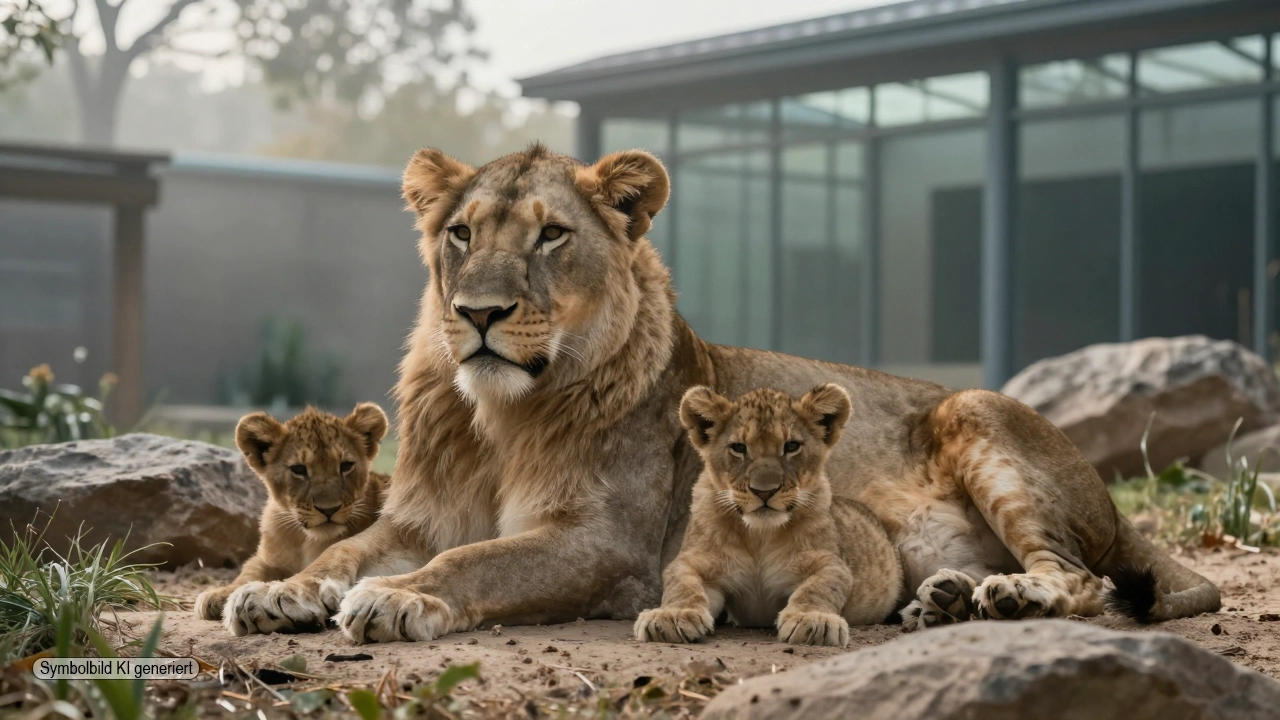 PETA Kritik Löwenzucht: Behauptungen ohne Belege und die verweigerte Fachdebatte 1 Asiatische Löwenmutter mit zwei neugeborenen Jungtieren liegt ruhig in einem Zoo-Gehege, im Hintergrund moderne Anlagen, Sinnbild für die PETA Kritik Löwenzucht