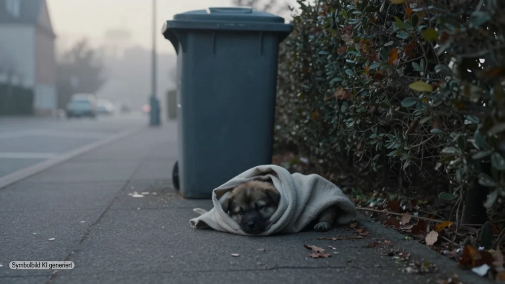 Verlassener neugeborener Welpe liegt nahe einem Mülleimer am Stadtrand von Luxemburg und symbolisiert Belohnung ausgesetzte Welpen