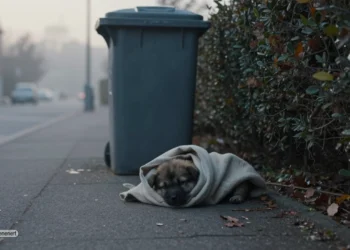 Verlassener neugeborener Welpe liegt nahe einem Mülleimer am Stadtrand von Luxemburg und symbolisiert Belohnung ausgesetzte Welpen