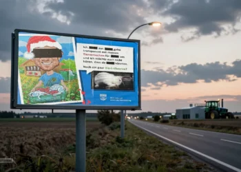 Trotz Urteil: Soko Tierschutz Kritik eskaliert weiter 24 Abendliche Landstraße mit provokantem Protestplakat am Straßenrand vor ruhigem Agrarbetrieb, Symbolbild für Soko Tierschutz Kritik und eskalierenden Aktivismus trotz gerichtlicher Entscheidung