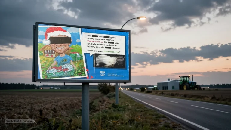 Abendliche Landstraße mit provokantem Protestplakat am Straßenrand vor ruhigem Agrarbetrieb, Symbolbild für Soko Tierschutz Kritik und eskalierenden Aktivismus trotz gerichtlicher Entscheidung