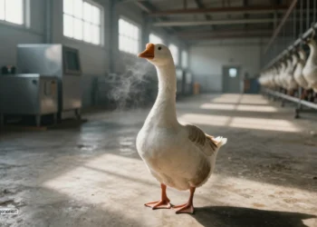 Eine einzelne weiße Gans steht still in einer leeren industriellen Schlachterei mit kaltem Licht und metallischen Anlagen und symbolisiert die Debatte um Tierquälerei Schlachterei