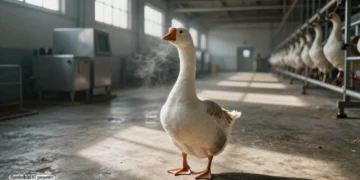 Eine einzelne weiße Gans steht still in einer leeren industriellen Schlachterei mit kaltem Licht und metallischen Anlagen und symbolisiert die Debatte um Tierquälerei Schlachterei