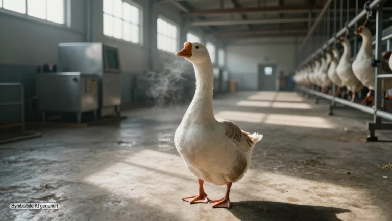 Eine einzelne weiße Gans steht still in einer leeren industriellen Schlachterei mit kaltem Licht und metallischen Anlagen und symbolisiert die Debatte um Tierquälerei Schlachterei