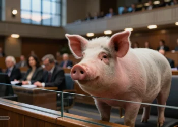 Ein Schwein steht ruhig hinter einer Glasscheibe im Plenarsaal eines Parlaments, während Politiker im Hintergrund beraten und damit das Verbot von Qualzuchten als politisches und gesellschaftliches Thema symbolisiert