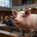 Ein Schwein steht ruhig hinter einer Glasscheibe im Plenarsaal eines Parlaments, während Politiker im Hintergrund beraten und damit das Verbot von Qualzuchten als politisches und gesellschaftliches Thema symbolisiert