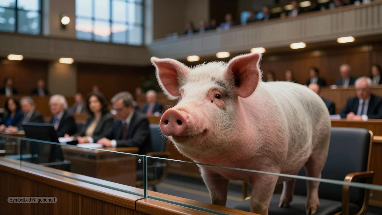 Tierschutz zwischen Anspruch und Wirklichkeit 1 Ein Schwein steht ruhig hinter einer Glasscheibe im Plenarsaal eines Parlaments, während Politiker im Hintergrund beraten und damit das Verbot von Qualzuchten als politisches und gesellschaftliches Thema symbolisiert