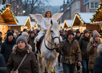 Weißes Pferd mit Engelreiterin wird dicht an dicht durch einen beleuchteten Weihnachtsmarkt geführt während umstehende Besucher kritisch beobachten und so den umstrittenen Pferdeinsatz Weihnachtsmarkt zeigen