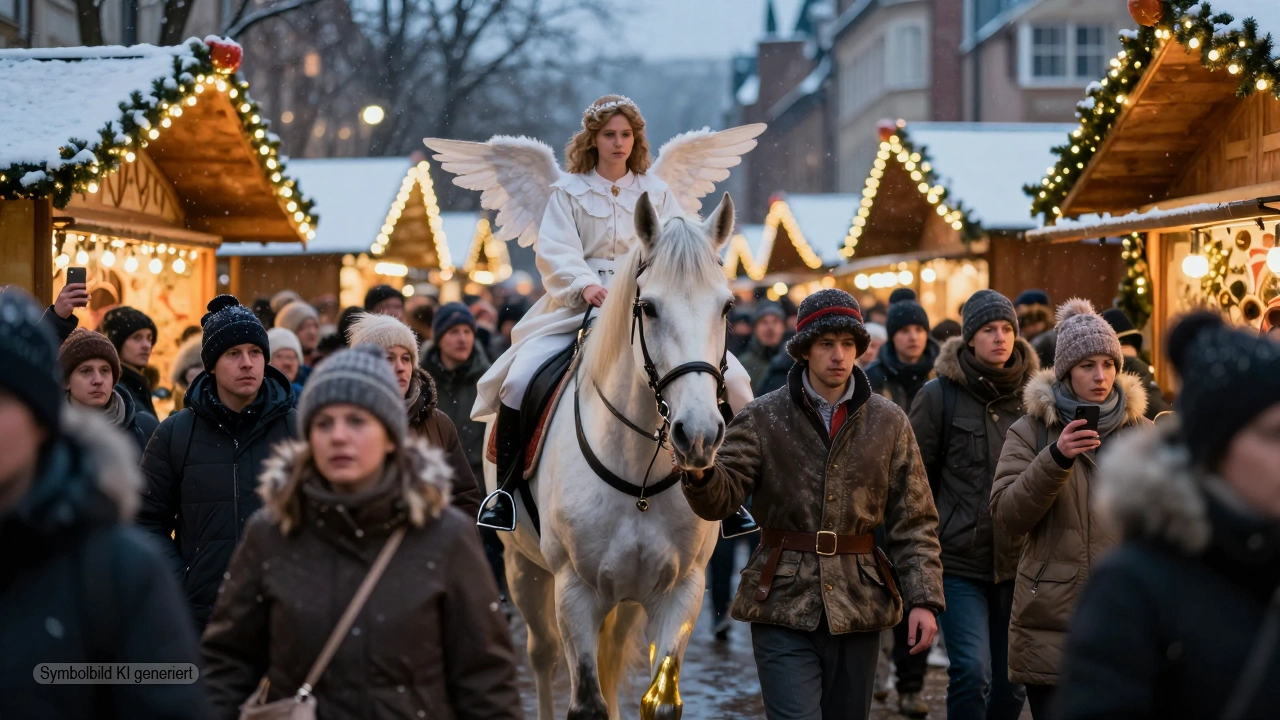 Weißes Pferd mit Engelreiterin wird dicht an dicht durch einen beleuchteten Weihnachtsmarkt geführt während umstehende Besucher kritisch beobachten und so den umstrittenen Pferdeinsatz Weihnachtsmarkt zeigen