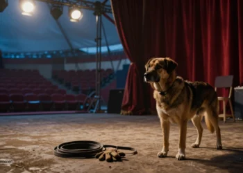 Leere Zirkusarena mit gedämpftem Licht und einem allein stehenden Hund neben abgelegtem Dressurmaterial symbolisiert die PETA Hundedressur Europa-Park Kontroverse und die Kritik an öffentlicher Eskalation statt sachlicher Prüfung