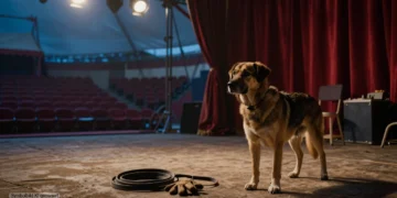 PETA Hundedressur Europa-Park: Zwischen Vorwurf, Reaktion und öffentlichem Druck 19 Leere Zirkusarena mit gedämpftem Licht und einem allein stehenden Hund neben abgelegtem Dressurmaterial symbolisiert die PETA Hundedressur Europa-Park Kontroverse und die Kritik an öffentlicher Eskalation statt sachlicher Prüfung