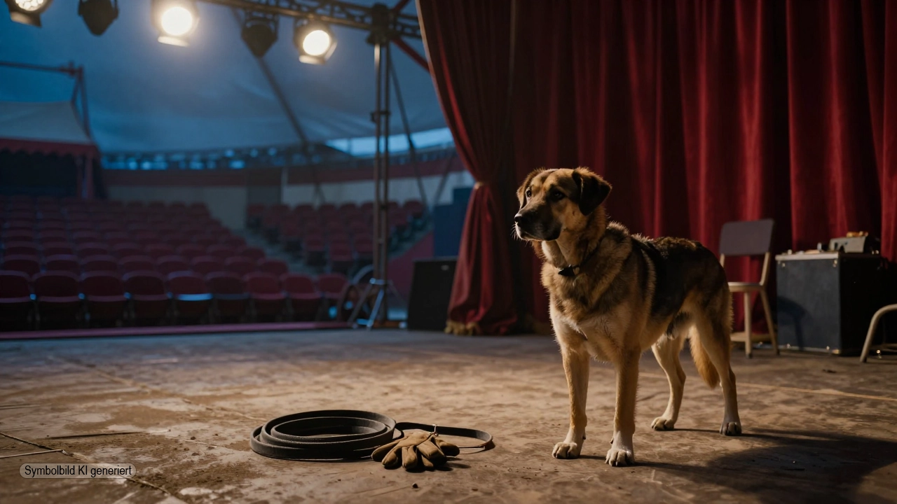 Leere Zirkusarena mit gedämpftem Licht und einem allein stehenden Hund neben abgelegtem Dressurmaterial symbolisiert die PETA Hundedressur Europa-Park Kontroverse und die Kritik an öffentlicher Eskalation statt sachlicher Prüfung
