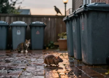 Nächtlicher Hinterhof mit sauber verschlossenen Mülltonnen, einer vorsichtig auftauchenden Ratte sowie Katze und Greifvogel im Hintergrund als Symbol für das Rodentizide Verbot Privatleute und den Schutz anderer Tiere