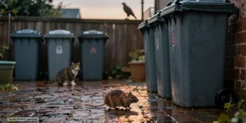 Nächtlicher Hinterhof mit sauber verschlossenen Mülltonnen, einer vorsichtig auftauchenden Ratte sowie Katze und Greifvogel im Hintergrund als Symbol für das Rodentizide Verbot Privatleute und den Schutz anderer Tiere