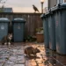 Nächtlicher Hinterhof mit sauber verschlossenen Mülltonnen, einer vorsichtig auftauchenden Ratte sowie Katze und Greifvogel im Hintergrund als Symbol für das Rodentizide Verbot Privatleute und den Schutz anderer Tiere