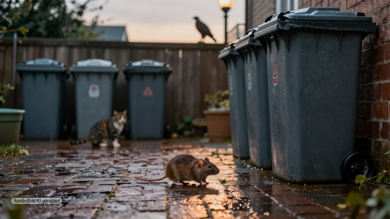 Nächtlicher Hinterhof mit sauber verschlossenen Mülltonnen, einer vorsichtig auftauchenden Ratte sowie Katze und Greifvogel im Hintergrund als Symbol für das Rodentizide Verbot Privatleute und den Schutz anderer Tiere