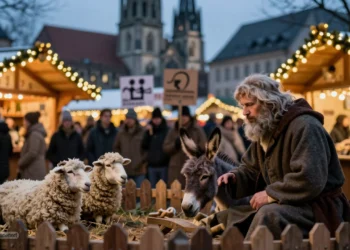 Lebendige Weihnachtskrippe Ulm auf dem Weihnachtsmarkt mit friedlichen Tieren als Symbol für Tradition und rechtskonformen Tierschutz