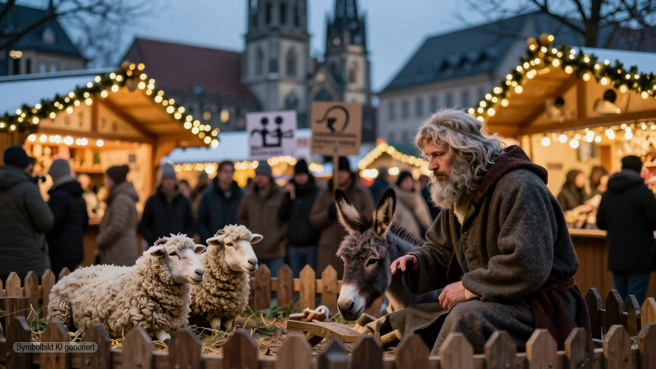 Lebendige Weihnachtskrippe Ulm auf dem Weihnachtsmarkt mit friedlichen Tieren als Symbol für Tradition und rechtskonformen Tierschutz