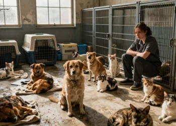 Überfülltes Tierheim mit vielen Hunden und Katzen in engen Boxen während eine erschöpfte Mitarbeiterin im Hintergrund steht und die Tierheimkrise sichtbar wird