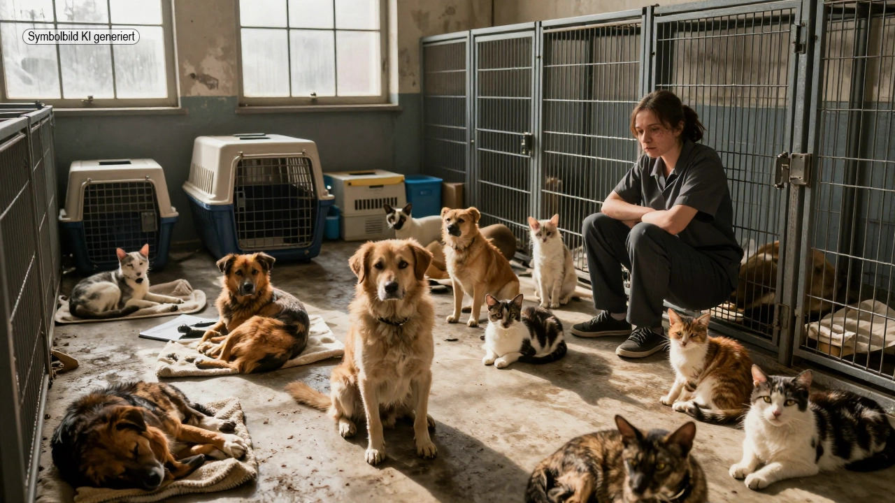 Überfülltes Tierheim mit vielen Hunden und Katzen in engen Boxen während eine erschöpfte Mitarbeiterin im Hintergrund steht und die Tierheimkrise sichtbar wird