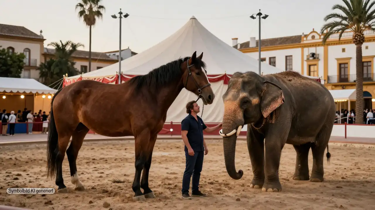 Zirkus mit Tieren in Spanien: Ein traditioneller Zirkus mit gepflegten Tieren kehrt unter staatlichen Auflagen in den öffentlichen Raum zurück.